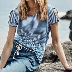 J Jill Love Linen striped tee shirt with open shoulders